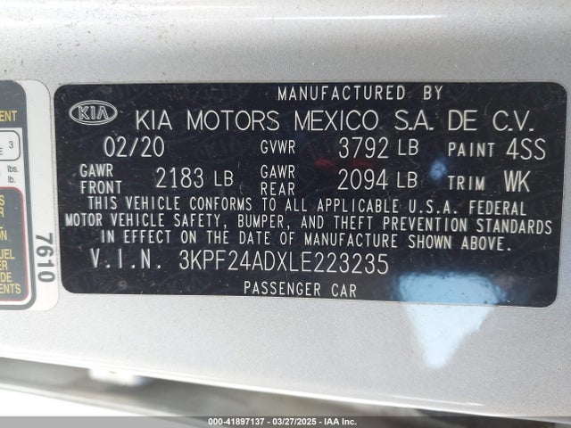 3KPF24ADXLE223235 KIA Forte Lxs