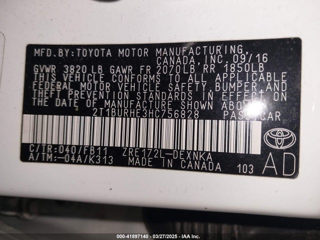 2T1BURHE3HC756828 Toyota COROLLA LE