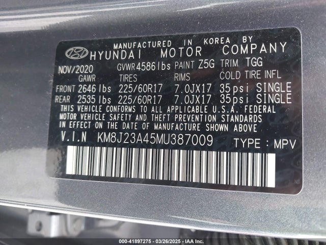 KM8J23A45MU387009 Hyundai TUCSON SE