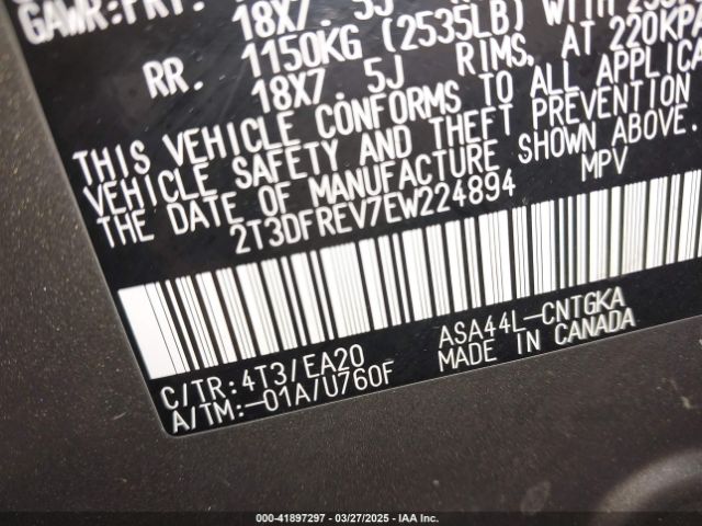 2T3DFREV7EW224894 Toyota Rav4 Limited