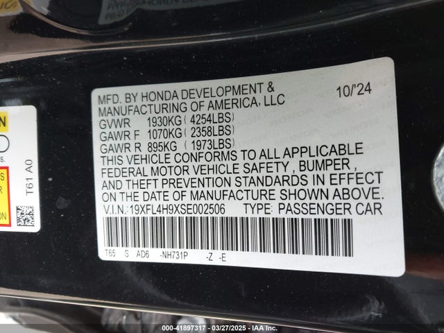 19XFL4H9XSE002506 Honda Civic  Hybrid Sport Touring