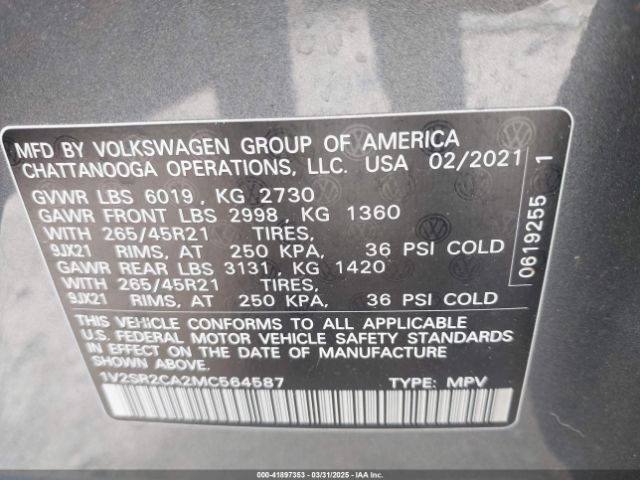 1V2SR2CA2MC564587 Volkswagen Atlas 3.6l V6 Sel R-line