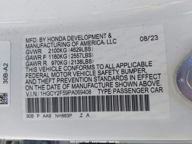 1HGCY2F59PA069408 Honda Accord Hybrid Sport