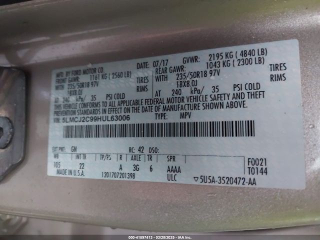 5LMCJ2C99HUL63006 Lincoln MKC SELECT