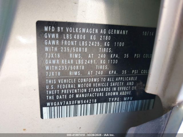 WVGAV7AX0FW544218 Volkswagen TIGUAN SE