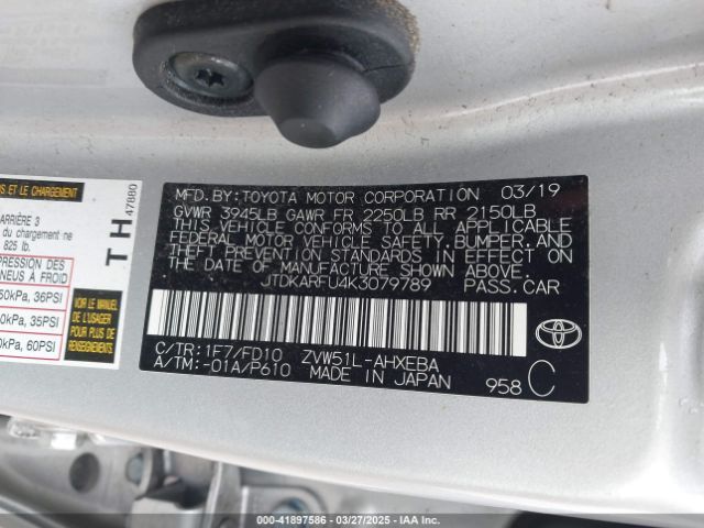 JTDKARFU4K3079789 Toyota Prius Le
