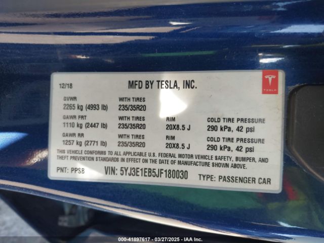 5YJ3E1EB5JF180030 Tesla Model 3 Long Range/performance