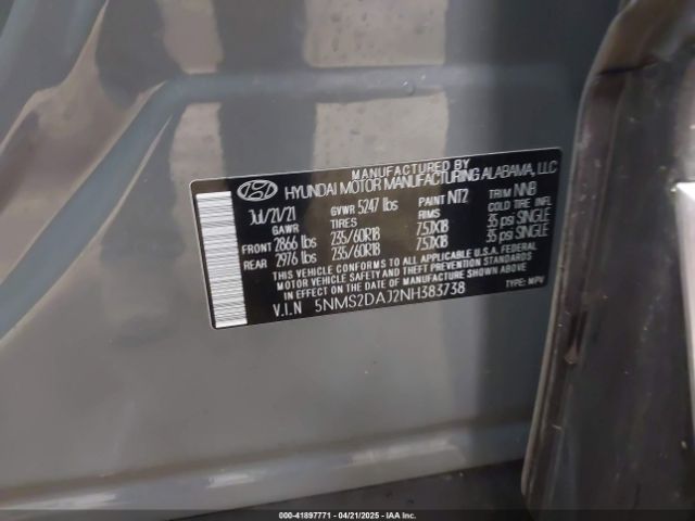 5NMS2DAJ2NH383738 Hyundai Santa Fe Sel