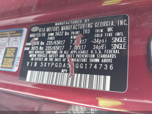 5XYPGDA56GG174736 KIA Sorento 3.3l Lx