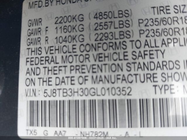 5J8TB3H30GL010352 Acura Rdx Acurawatch Plus Pkg