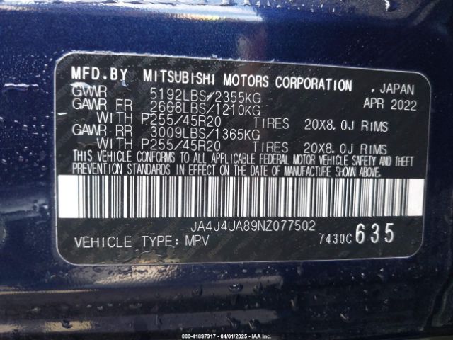 2022 MITSUBISHI OUTLANDER JA4J4UA89NZ077502 Photo 8