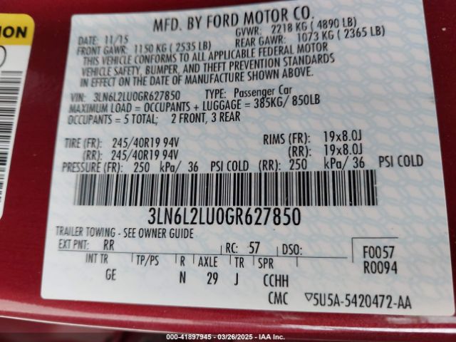 3LN6L2LU0GR627850 Lincoln MKZ HYBRID