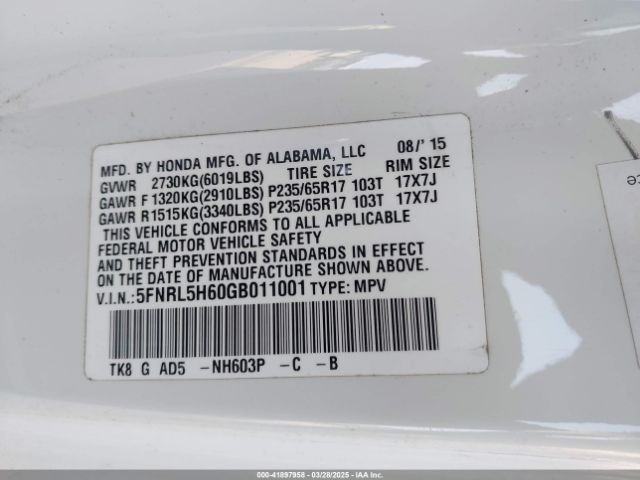 5FNRL5H60GB011001 Honda Odyssey Ex-l