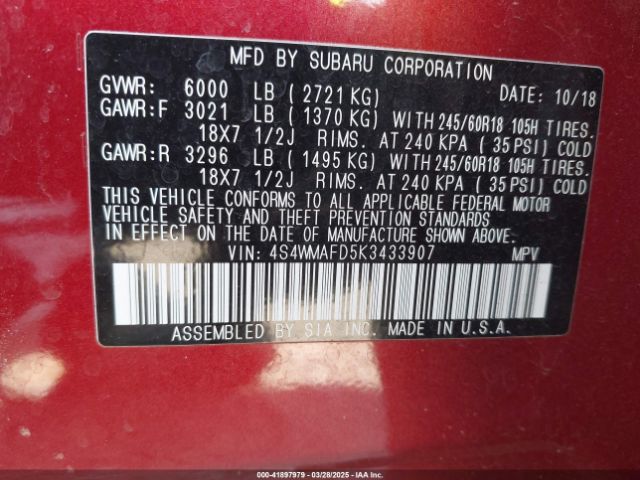 4S4WMAFD5K3433907 Subaru Ascent Premium