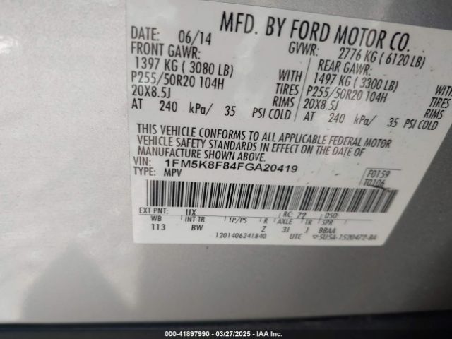1FM5K8F84FGA20419 Ford Explorer Limited