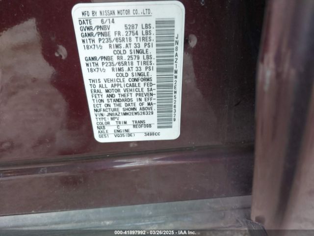 JN8AZ1MW2EW526329 Nissan MURANO S