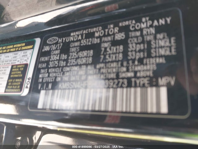 KM8SN4HF8HU239273 Hyundai Santa Fe Se