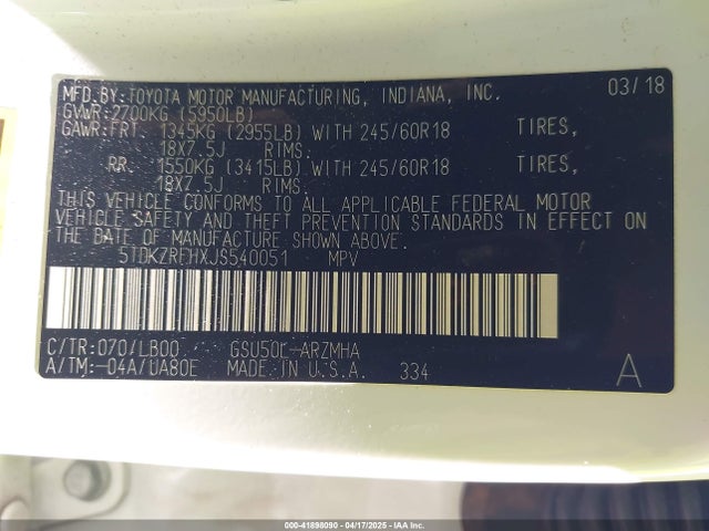 5TDKZRFHXJS540051 Toyota Highlander Xle