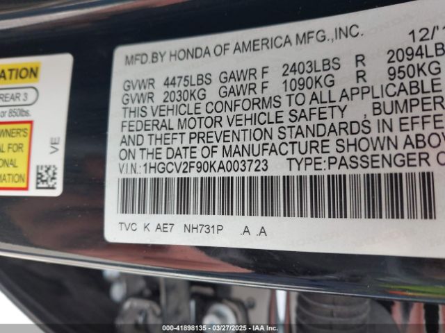 1HGCV2F90KA003723 Honda Accord Touring 2.0t