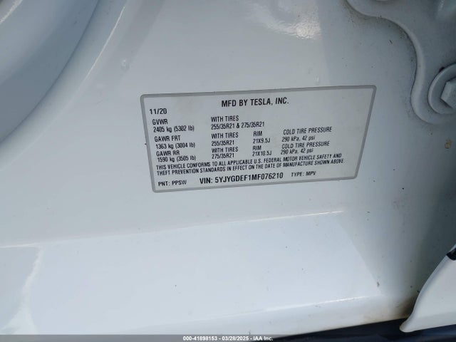 2021 TESLA MODEL Y 5YJYGDEF1MF076210 Photo 8