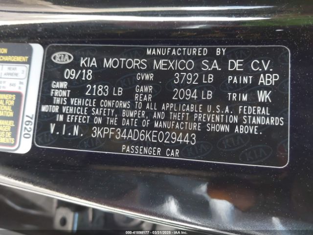 3KPF34AD6KE029443 KIA FORTE S