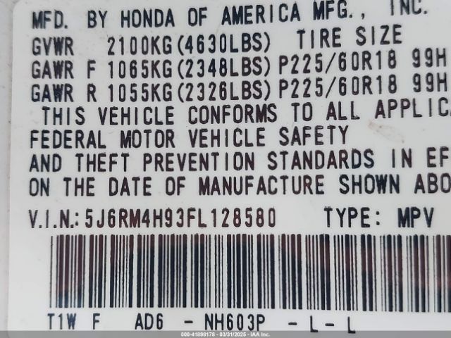 5J6RM4H93FL128580 Honda Cr-v Touring