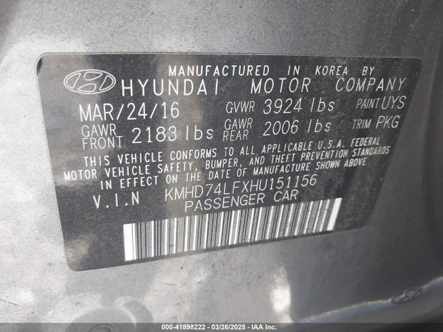 KMHD74LFXHU151156 Hyundai ELANTRA SE