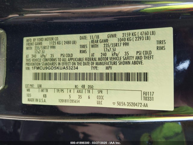 1FMCU9GD5KUA53234 Ford ESCAPE SE
