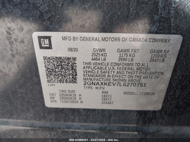 2GNAXKEV7L6270751 Chevrolet Equinox Fwd Lt 1.5l Turbo