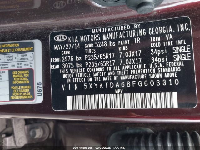 5XYKTDA68FG603310 KIA SORENTO LX