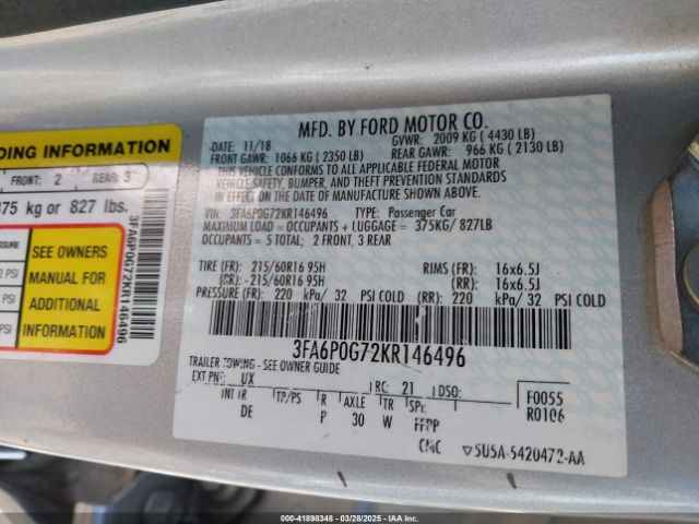 3FA6P0G72KR146496 Ford FUSION S