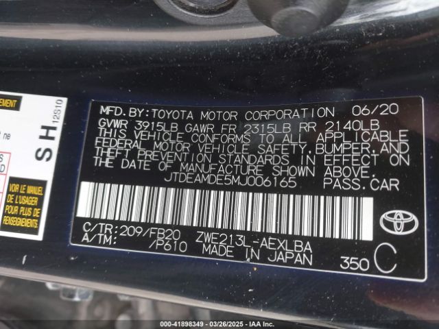 JTDEAMDE5MJ006165 Toyota Corolla Hybrid Le