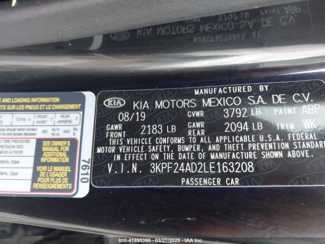 3KPF24AD2LE163208 KIA Forte Lxs