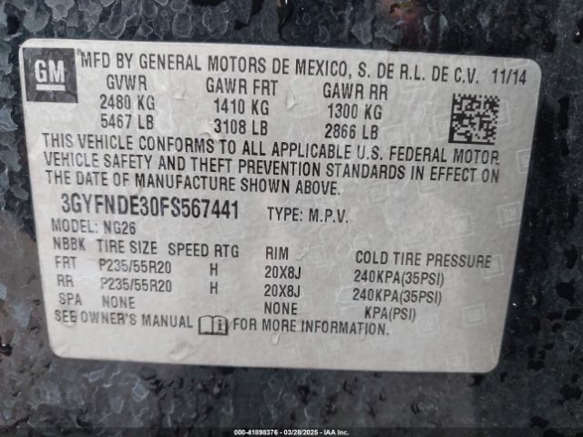 3GYFNDE30FS567441 Cadillac Srx Premium Collection