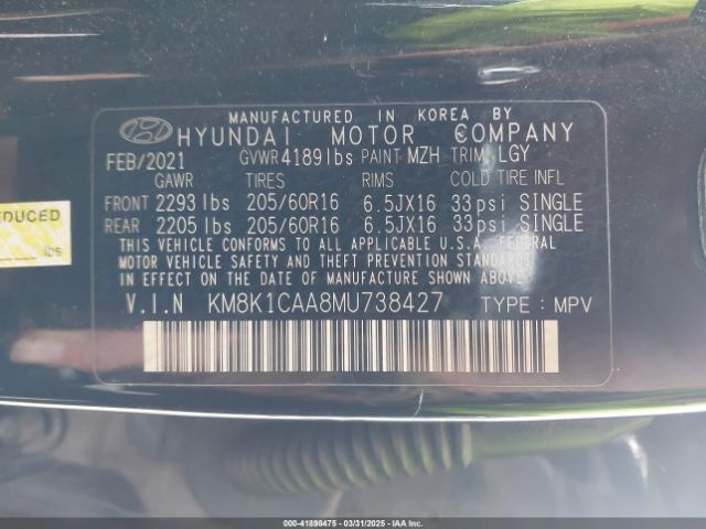 KM8K1CAA8MU738427 Hyundai Kona Se