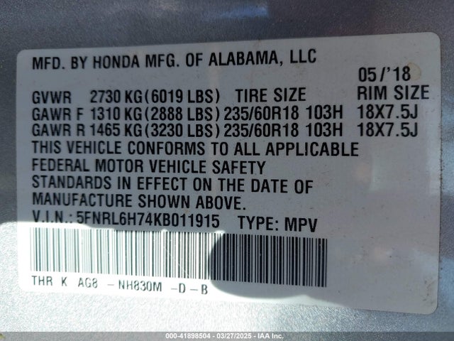 5FNRL6H74KB011915 Honda Odyssey Ex-l