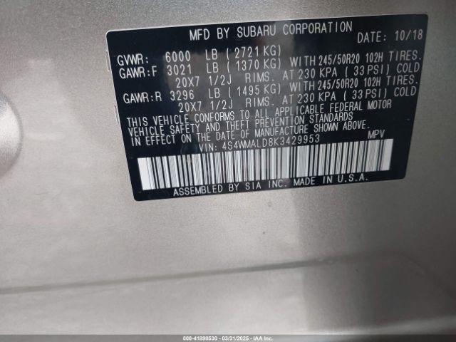 4S4WMALD8K3429953 Subaru Ascent Limited
