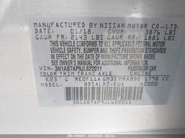 3N1AB7AP9JL622011 Nissan SENTRA SV