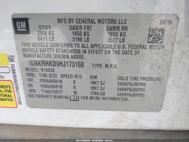 1GNKRHKD9HJ173168 Chevrolet Traverse 2lt