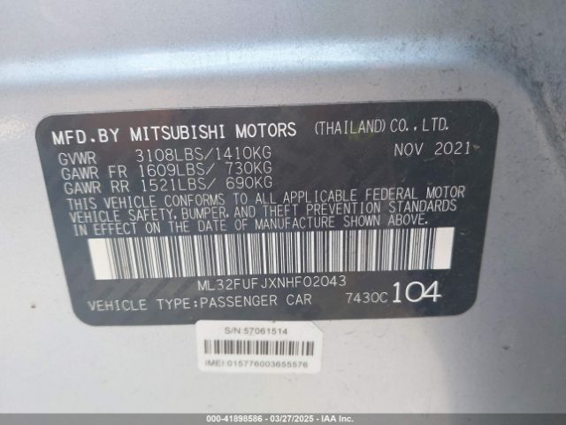 ML32FUFJXNHF02043 Mitsubishi Mirage G4 Le