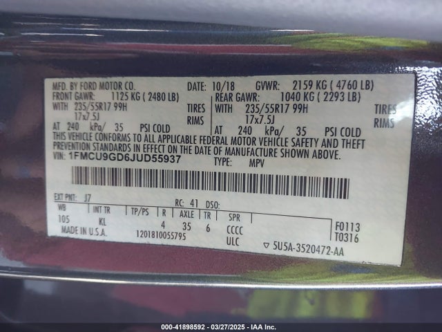 1FMCU9GD6JUD55937 Ford ESCAPE SE