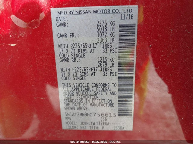 5N1AT2MM9HC756615 Nissan ROGUE SV