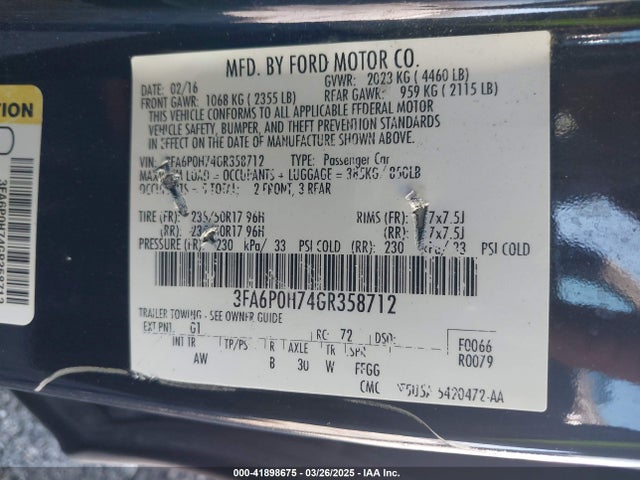 Ford FUSION SE 2016 3FA6P0H74GR358712 Image 9