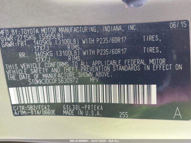 5TDKK3DC0FS630972 Toyota Sienna Le 8 Passenger