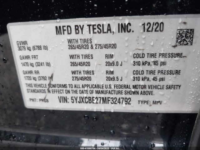 2021 TESLA MODEL X 5YJXCBE27MF324792 Photo 8
