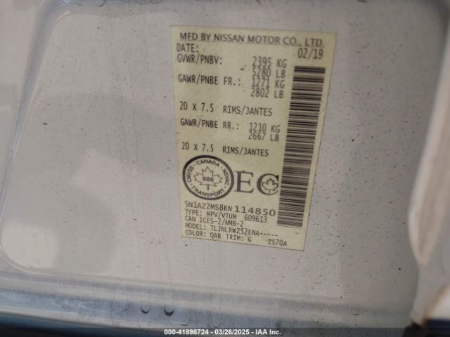 5N1AZ2MS8KN114850 Nissan Murano Platinum/s/sl/sv