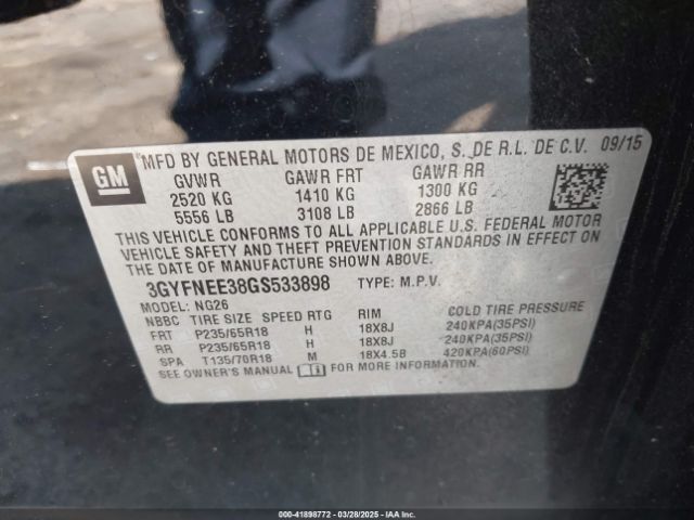 3GYFNEE38GS533898 Cadillac Srx Luxury Collection