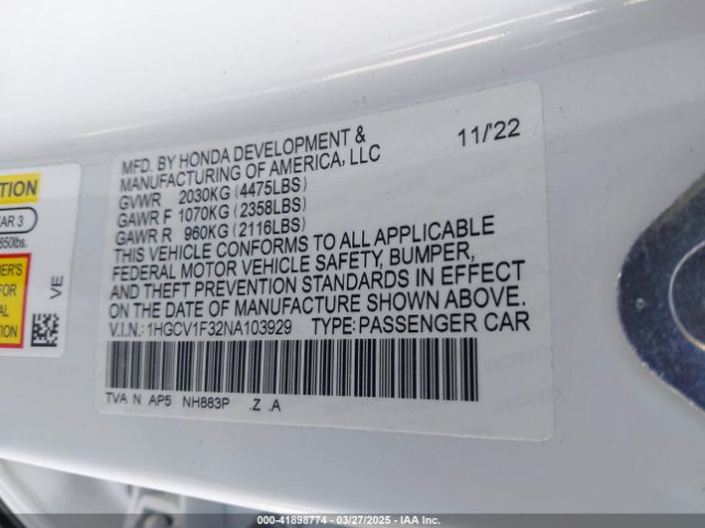 1HGCV1F32NA103929 Honda Accord Sport