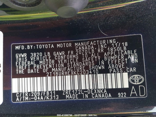 2019 Toyota Corolla Le მანქანა იყიდება აუქციონზე, vin: 2T1BURHEXKC203410, აუქციონის ნომერი: 41898798
