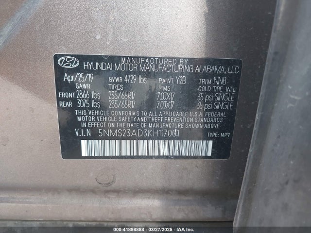 5NMS23AD3KH117001 Hyundai Santa Fe Se